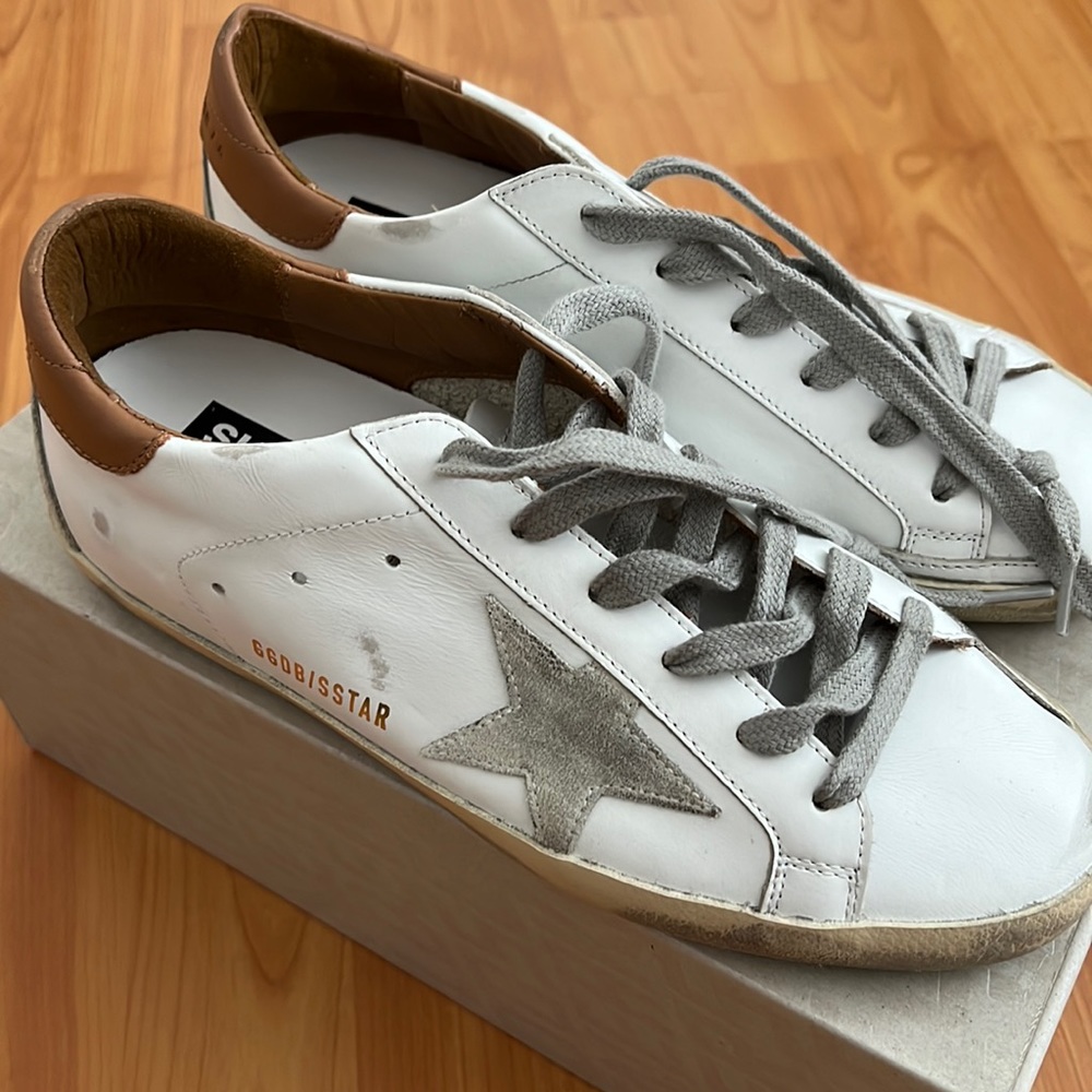 Golden Goose White Sneakers with Gray Star and Brown Heel
